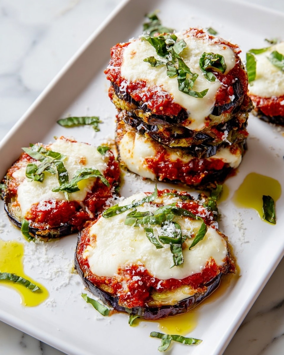 The dish shows five stacked eggplant slices on a white tray, each with three visible layers: the base is dark purple and brown grilled eggplant with a slightly charred texture, the middle layer is bright red tomato sauce spread unevenly, and the top layer is melted white cheese with some golden brown spots. Fresh green basil leaves are scattered over the cheese and around the tray, along with small pools of yellow olive oil and white grated cheese dusted near the edges. The white tray rests on a white marbled surface. photo taken with an iphone --ar 4:5 --v 7
