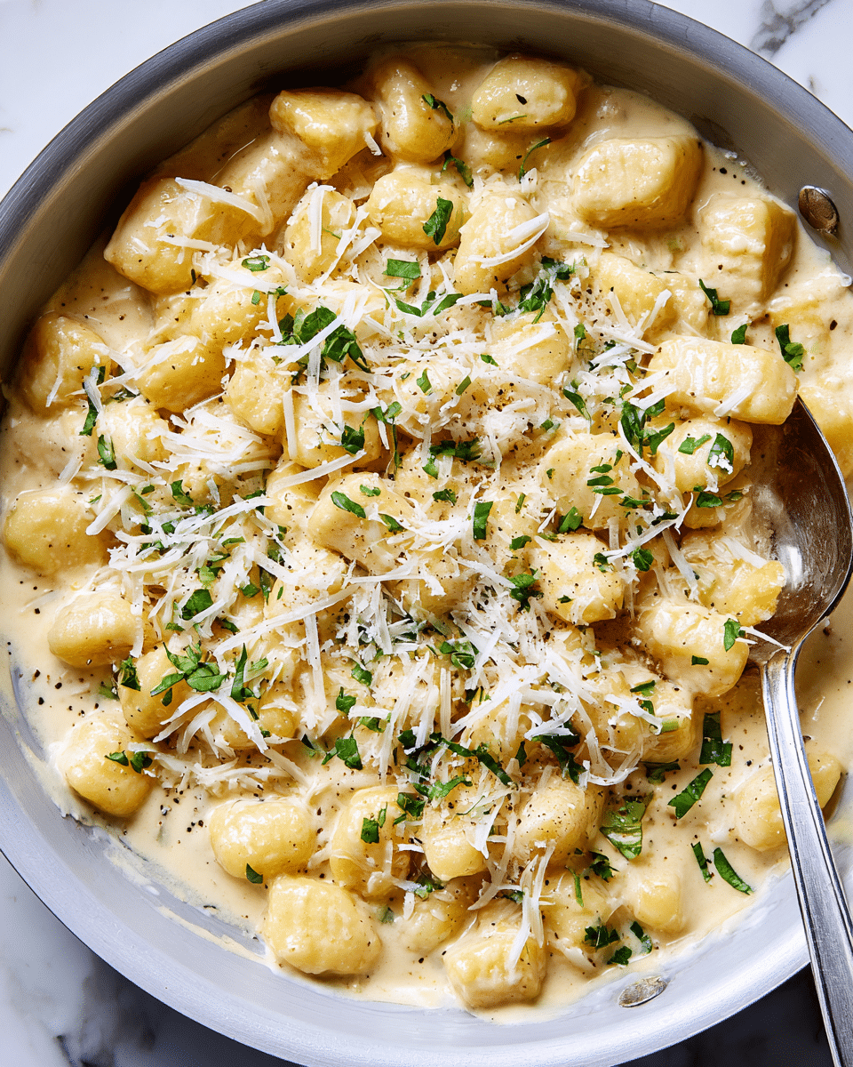 This close-up image shows a creamy pasta dish with three visible layers: the bottom layer has small white gnocchi pieces covered in a rich, pale yellow sauce that looks smooth and thick. On top of that, there is a generous sprinkle of finely shredded white cheese, adding a soft, fluffy texture. The final layer is scattered chopped green herbs, which add small pops of fresh color against the creamy sauce. The dish is served in a round white metal pan with a silver spoon placed inside. The background is a white marbled texture. Photo taken with an iphone --ar 4:5 --v 7