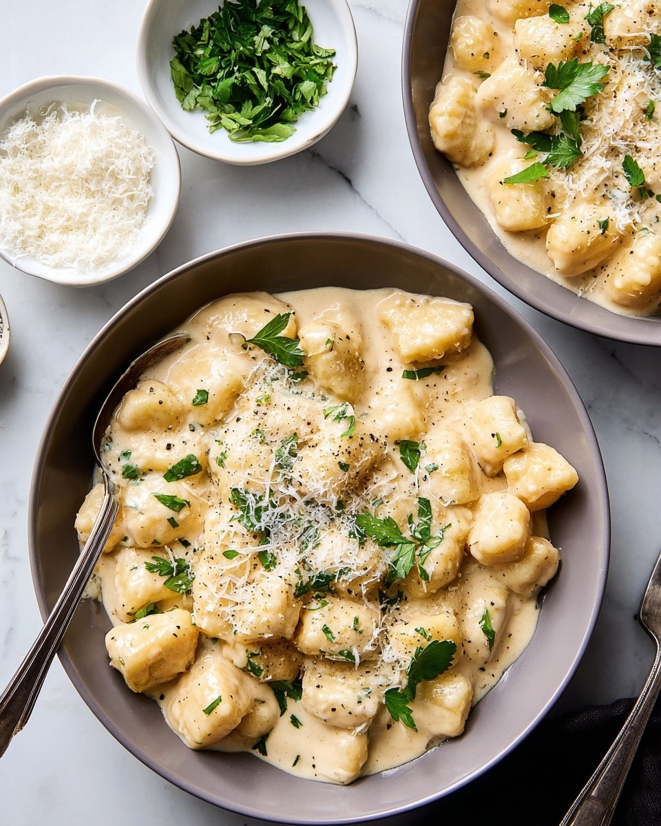 The image shows two white bowls filled with soft gnocchi covered in a thick, creamy light beige sauce. The gnocchi pieces are plump, irregular in shape, and coated evenly with the sauce. Fresh green parsley leaves are scattered on top, adding a fresh pop of color. Some grated white cheese and a light sprinkle of black pepper lightly cover parts of the dish. To the top left, there are two small white bowls, one filled with finely grated white cheese and the other with chopped fresh green herbs. The background is a white marbled surface. photo taken with an iphone --ar 4:5 --v 7