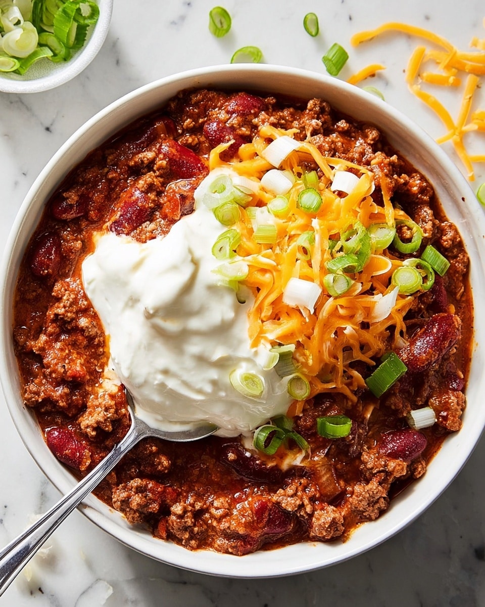 A white bowl filled with a thick, reddish-brown chili made of ground meat and red beans forms the base layer. On top of the chili, there is a layer of shredded bright orange cheddar cheese with a slightly melted texture. Scattered over the cheese are chopped green onions and small white onion pieces adding a fresh contrast. A large dollop of smooth, white sour cream partially covers one side of the chili. A silver spoon is dipping into the sour cream and chili, with some chili and green onion pieces visible on the spoon. The bowl is set on a white marbled texture surface, with some scattered shredded cheese and green onion pieces nearby. Photo taken with an iphone --ar 4:5 --v 7