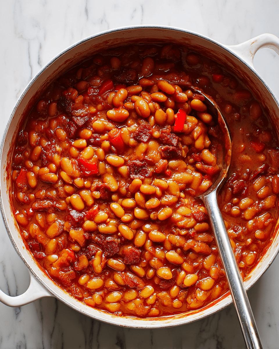 A close-up top view of a large white pot filled with baked beans cooked in a thick reddish-brown sauce, showing a rich texture with soft beans, small pieces of red bell pepper, and browned bacon or meat chunks mixed evenly. The stew looks glossy and hearty with a ladle partially submerged on the right side, its metal surface reflecting the beans and sauce. The pot sits on a white marbled surface. photo taken with an iphone --ar 4:5 --v 7