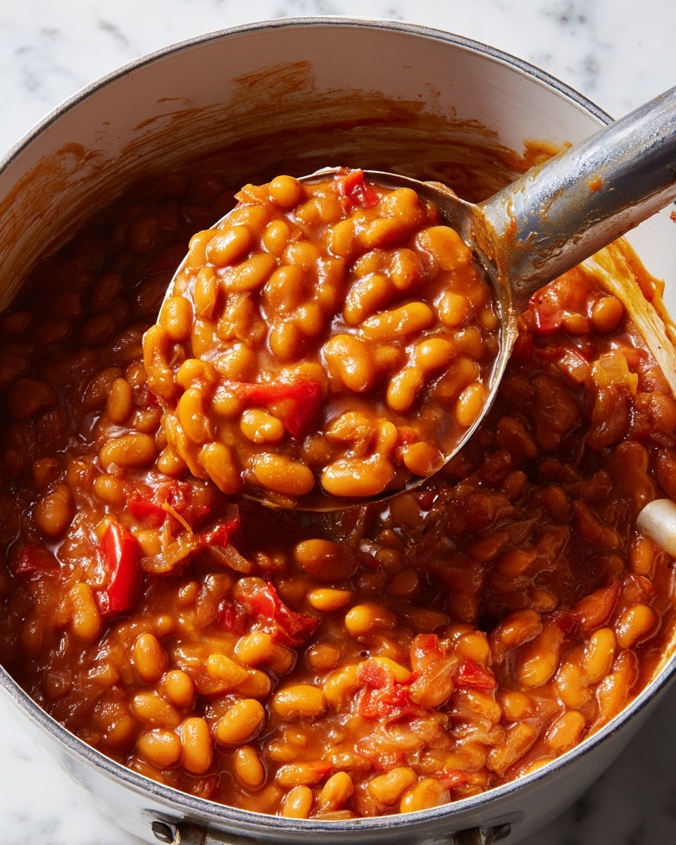 This image shows a close-up of a pot filled with thick baked beans in a rich, glossy orange-brown sauce. The beans are soft and plump, mixed with small pieces of red bell pepper and bits of cooked onion, adding texture and pops of red and light brown among the beans. A large metal ladle scoops a generous portion of the beans, lifting them slightly above the pot's rim, showing the sauce's thickness as it clings to the beans and ladle. The pot's inside surface is smooth and white, stained with sauce splatters. The background has a white marbled texture. photo taken with an iphone --ar 4:5 --v 7