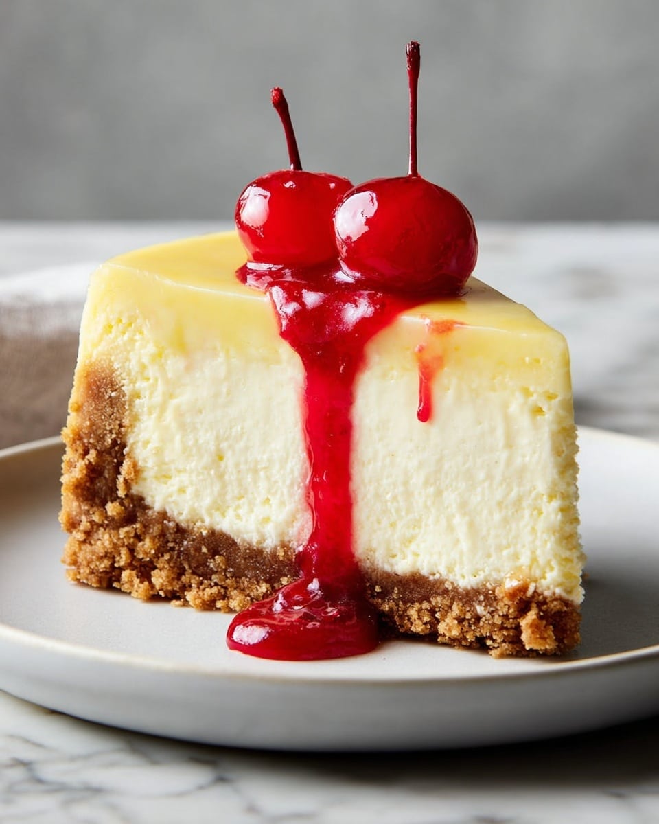 A slice of cheesecake with three visible layers: a thick, crumbly brown crust at the bottom, a large creamy pale yellow middle layer, and a smooth light yellow top layer. On top, two bright red cherries covered in shiny red glaze drip down the side of the cheesecake. The slice sits on a white plate, placed on a white marbled surface with a soft grey background. Photo taken with an iphone --ar 4:5 --v 7