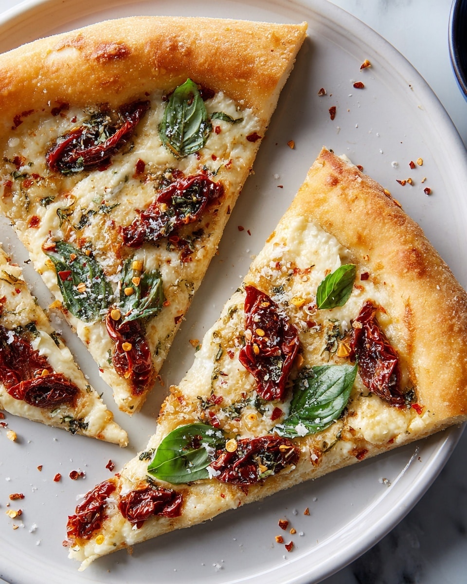 Two slices of pizza rest on a white plate with a slight rim left bare around the edges. The pizza crust is golden brown and thick, forming a soft outer edge. The first layer is creamy white cheese melted smoothly over the base, with a slightly bubbly and browned texture in places. On top of this cheese layer are dark red sun-dried tomatoes placed unevenly, adding a wrinkled and slightly shiny look. Bright green basil leaves dot the surface, adding fresh color contrast. The pizza is sprinkled with fine white grated cheese and small red chili flakes, scattered around on the plate and pizza. The background is a white marbled texture. Photo taken with an iphone --ar 4:5 --v 7