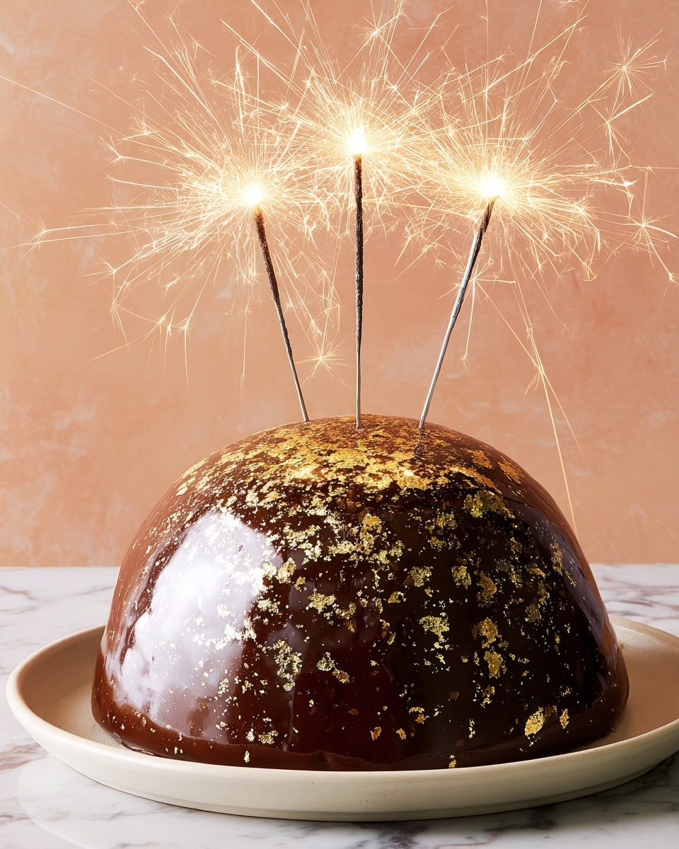 A shiny dome-shaped chocolate cake with a smooth, glossy dark brown glaze is covered with scattered gold leaf flakes, making it look rich and fancy. On top, there are three sparklers burning brightly, creating lively golden sparks that add a festive feel. The cake sits on a simple white plate, placed on a white marbled surface. The background is a soft peach color, which contrasts nicely with the dark chocolate. photo taken with an iphone --ar 4:5 --v 7