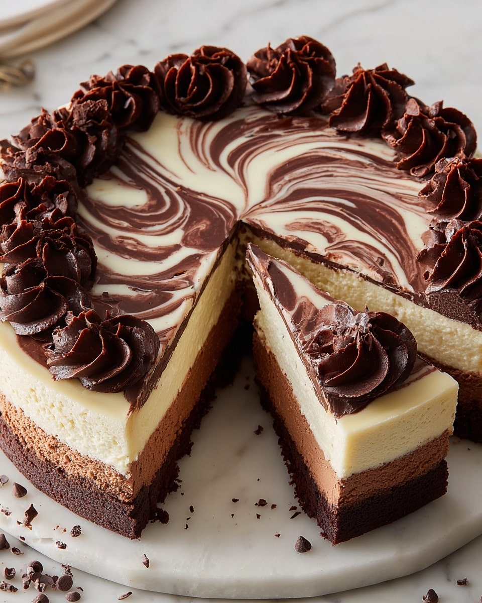 A round cake with three visible layers sits on a white marbled surface. The bottom layer is dark brown and looks like a brownie base, the middle layer is light brown and smooth like chocolate mousse, and the top layer is thick and creamy white. The cake is covered with a glossy chocolate and white swirl pattern on top, and around the edge are large, dark brown chocolate swirls. Two slices are cut out and placed near the cake, showing the clean layers inside. Small chocolate chips are scattered around the cake edges. Photo taken with an iphone --ar 4:5 --v 7