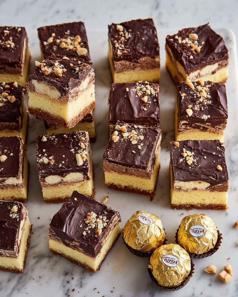 The image shows fifteen square pieces of layered dessert arranged on a white marbled surface. Each piece has three distinct layers: a thick yellow cake base, a creamy light yellow middle layer, and a top layer covered in dark chocolate with small nut bits sprinkled on top. Some pieces show a Ferrero Rocher chocolate embedded inside the creamy layer. Alongside the squares, three wrapped Ferrero Rocher chocolates are scattered on the surface, enhancing the rich theme of the dessert. The chocolate layer has a smooth but slightly uneven texture with visible nut pieces scattered across. Photo taken with an iphone --ar 4:5 --v 7