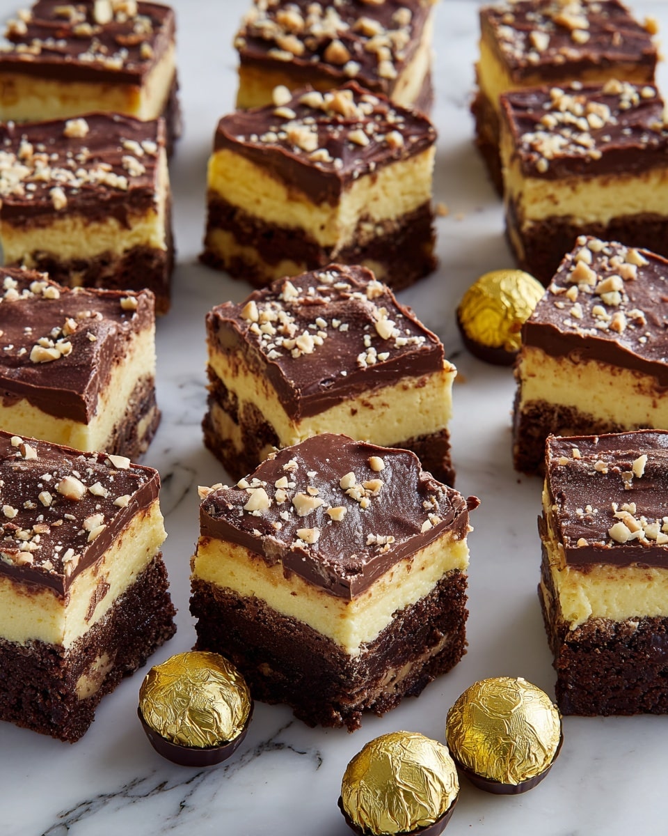 The image shows many square pieces of a layered dessert arranged on a white marbled surface. Each piece has three distinct layers: a dark, rich chocolate brownie base with a dense texture at the bottom, a middle creamy yellow layer that looks smooth and soft, and a top dark chocolate layer that is glossy and sprinkled with small pieces of nuts. Scattered around the dessert squares are a few round chocolate candies with gold wrappers, adding a touch of luxury to the presentation. photo taken with an iphone --ar 4:5 --v 7