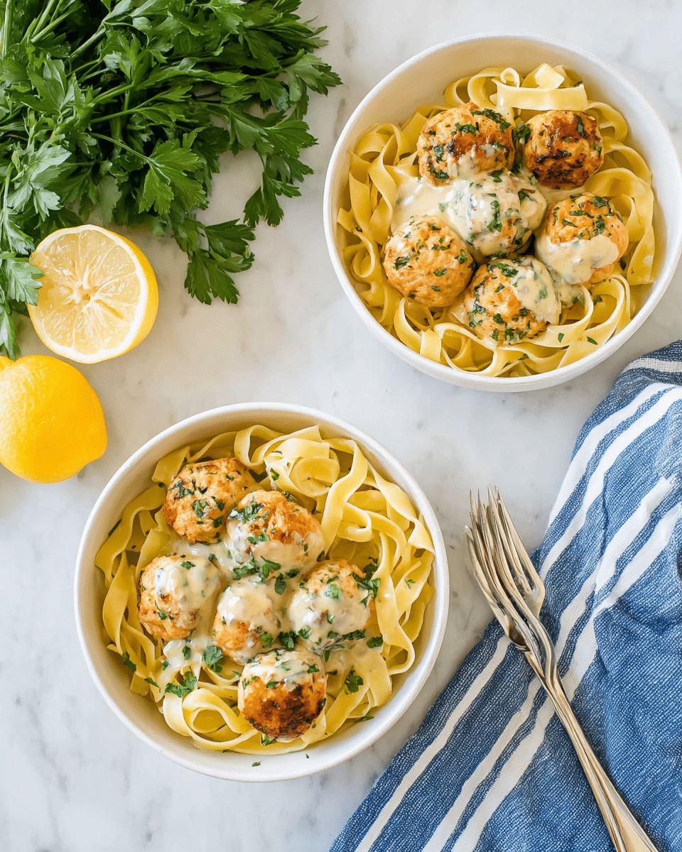 A white round pot with pink handles holds twelve browned meatballs sitting in a light golden sauce. Small cubes of melting butter are scattered throughout the sauce around the meatballs, with tiny green herb bits visible on some meatballs. To the top right, a metal whisk and a halved lemon lie on a white marbled surface, while to the bottom left, a bright lemon half and green parsley bunch add fresh color. A blue and white striped cloth sits folded on the bottom right corner of the image. The scene is brightly lit from above, showing juicy textures and warm colors. photo taken with an iphone --ar 4:5 --v 7