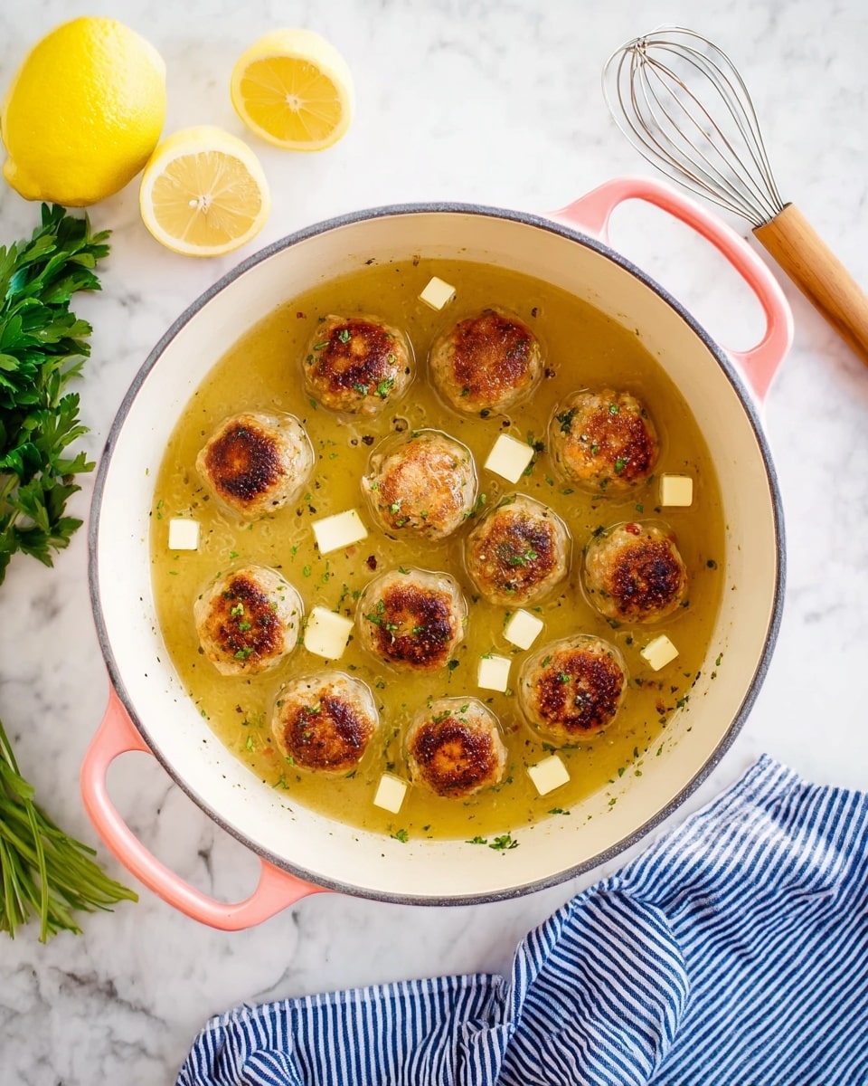 Two white bowls are filled with three layers: the bottom layer is a bed of pale yellow fettuccine pasta, the middle layer is several round, golden-brown chicken meatballs with green herbs inside, and the top layer is a light creamy sauce with green herb bits drizzled over the meatballs and pasta. The bowls are on a white marbled surface with a bunch of fresh green parsley and a halved lemon nearby. Next to the bowls, a silver fork and spoon rest crossed, and a blue napkin with white stripes is folded on the surface. photo taken with an iphone --ar 4:5 --v 7