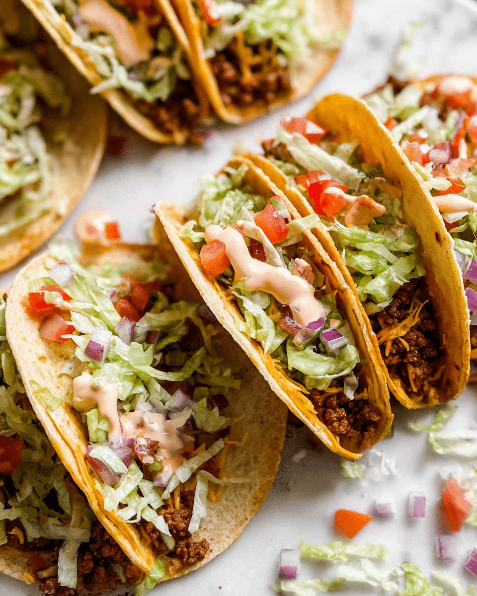 The image shows several tacos arranged on a white marbled surface, each taco with three visible layers: a soft pale beige tortilla wrapping around a crispy golden shell, filled with seasoned brown ground meat at the bottom. Above the meat layer, there is a mix of finely shredded light green lettuce and small chopped bright red tomatoes scattered evenly. Diced purple onions add a splash of color within the filling, and a light drizzle of creamy sauce with a soft pink tint is visible on top. Extra bits of lettuce and diced vegetables are scattered around the tacos, adding texture to the scene. Photo taken with an iphone --ar 4:5 --v 7