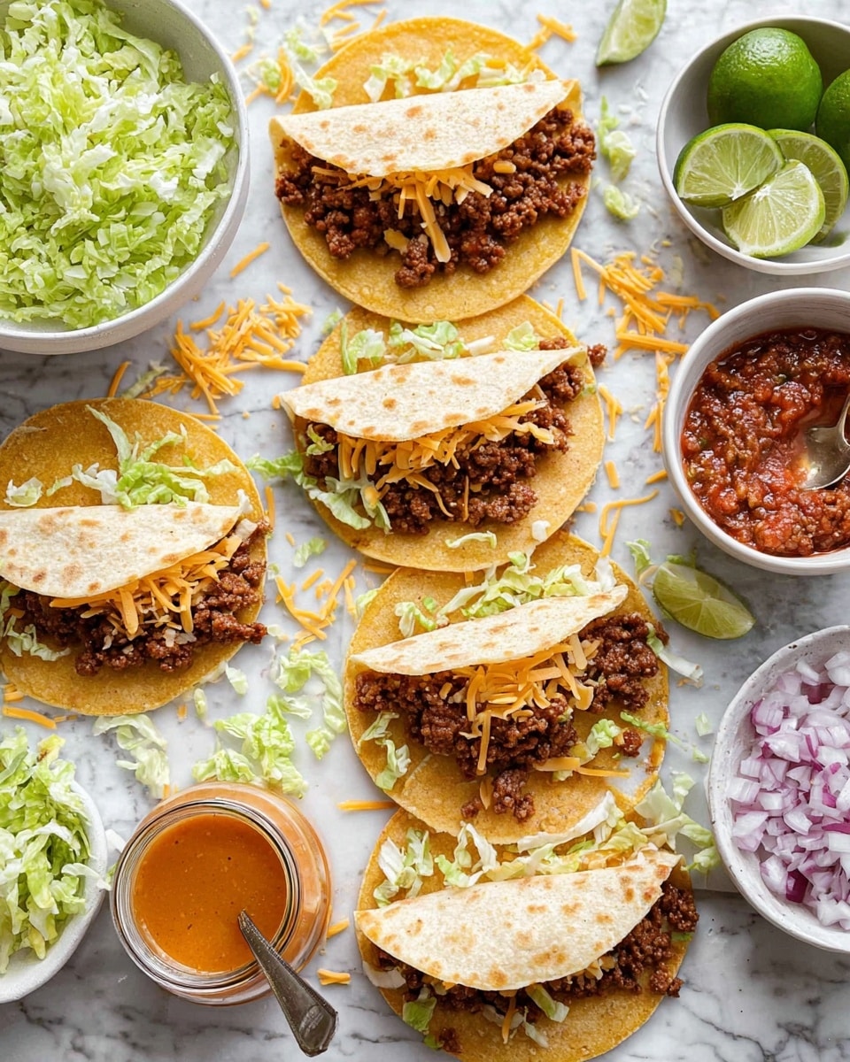 The image shows six tacos arranged in a scattered way on a white marbled surface. Each taco has two layers: the bottom layer is a round, golden corn tortilla, topped with a browned ground beef mix, then a soft white flour tortilla folded over it. Around the tacos, there are small piles of shredded orange and white cheese and shredded light green lettuce, some scattered on the surface. On the sides, there are a white bowl of shredded lettuce, a white bowl of ground beef mixture, a white bowl of salsa with red tomato sauce, a white bowl with green lime wedges, a small jar of orange-colored sauce with a spoon, and a small white bowl filled with chopped red onions. Photo taken with an iphone --ar 4:5 --v 7