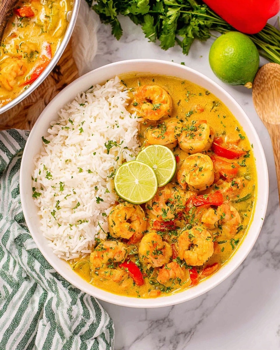 A white bowl filled half with steamed white rice, finely textured and fluffy, and the other half with a creamy yellow curry containing plump orange shrimp and bright red bell pepper pieces, all garnished with finely chopped green herbs. Two thin, round green lime slices rest on top of the rice near the curry. The bowl is placed on a white marbled surface with a green and white striped cloth partially visible behind it. Nearby are fresh green herbs, half a lime, and a whole red bell pepper, with a white bowl containing more of the yellow shrimp curry and a wooden spoon also partially visible. Photo taken with an iphone --ar 4:5 --v 7