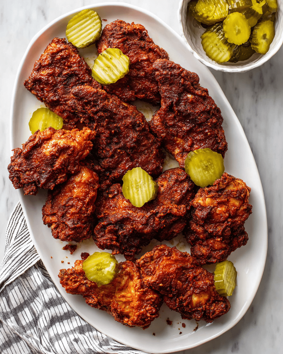 An oval white plate sits on a white marbled surface, holding about ten pieces of crispy fried chicken arranged in a loose circular pattern. Each piece has a dark reddish-brown crust with a rough, crunchy texture showing some crisp ridges and edges. Scattered on top of the chicken pieces are several bright green pickle slices with a crinkled texture. To the right of the plate is a small white bowl filled with more pickle slices, and a striped cloth napkin is folded beneath the lower left side of the plate. photo taken with an iphone --ar 4:5 --v 7