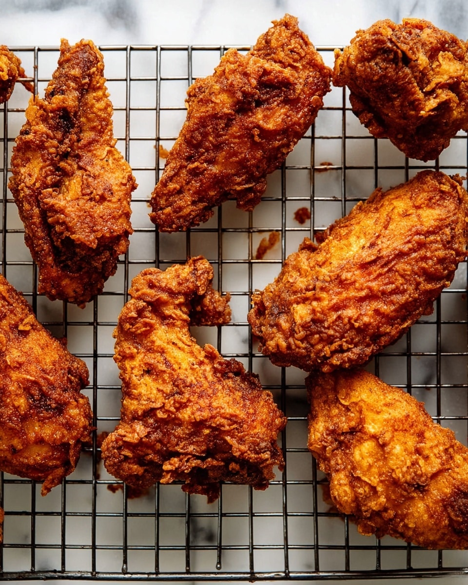 Several pieces of golden brown fried chicken are shown cooling on a black wire rack placed on a white marbled texture. Each piece has a crispy, rough coating with varied shapes and sizes, showing deep reddish-brown and slightly darker areas from frying. The texture looks crunchy and crunchy, with some pieces longer and flat, and others smaller and uneven. The well-fried crusts appear thick and full, filling the frame. photo taken with an iphone --ar 4:5 --v 7