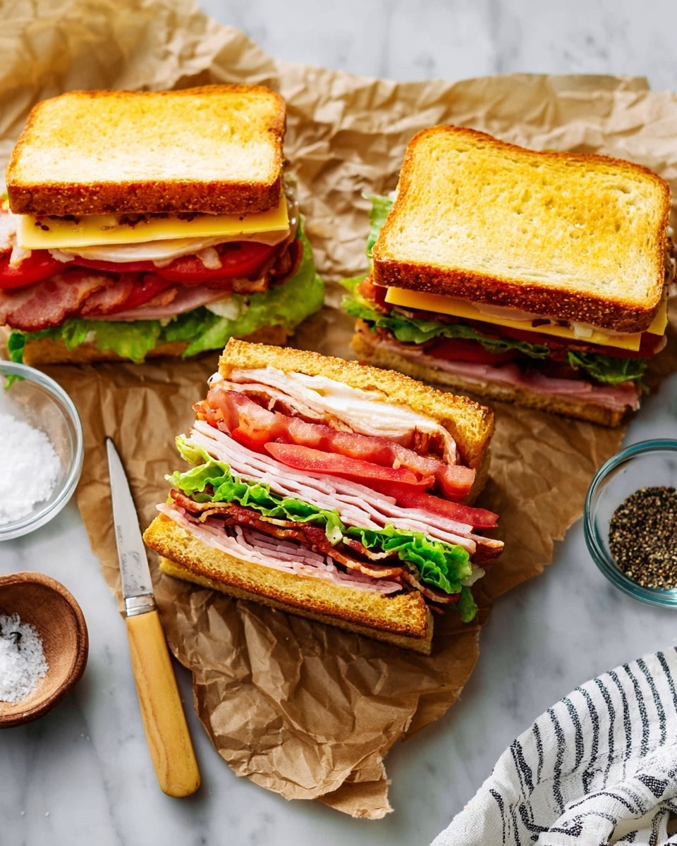 Three sandwich halves sit on crumpled brown parchment paper placed on a white marbled surface, each sandwich featuring five layers: the base is a thick slice of golden toasted bread, topped with bright green, fresh lettuce, followed by juicy red tomato slices, crispy reddish-brown bacon, pale pink ham, and a slice of light yellow cheese, all enclosed by another toasted bread slice. A wooden knife with a dark handle lies near the sandwiches, and two small clear bowls containing coarse black pepper and white salt add detail to the scene, with a striped white and gray cloth partially visible near the bottom right corner of the image. Photo taken with an iphone --ar 4:5 --v 7