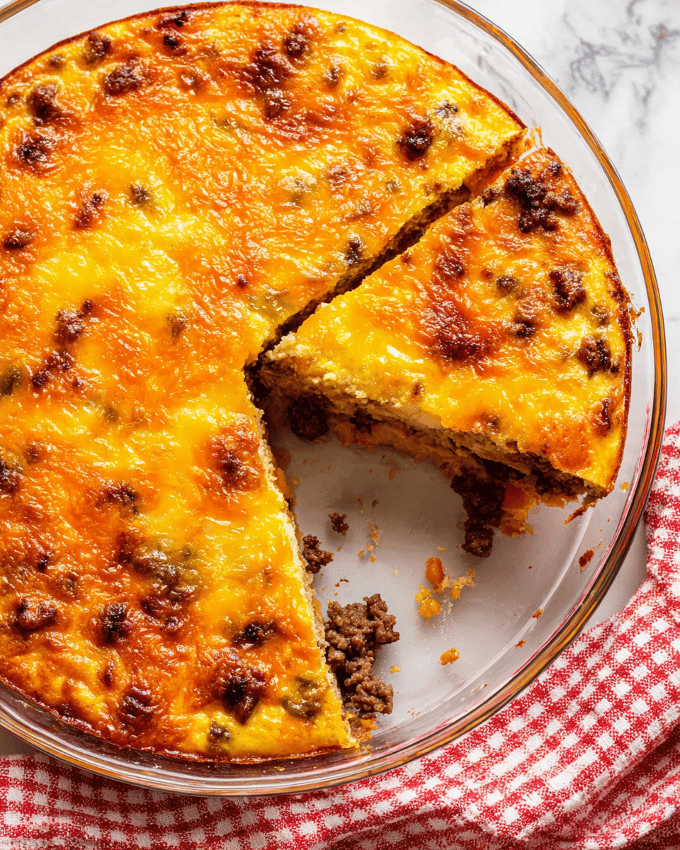A round baked dish served in a clear glass pie dish on a white marbled surface with a red and white checkered cloth beside it. The dish has two main visible layers: the top layer is golden orange with a slightly crispy texture and browned spots, likely melted cheese, while the layer underneath shows a mixture of browned ground meat and diced vegetables. One slice has been removed, revealing the thickness and texture of the two layers and some bits left inside the dish. Photo taken with an iphone --ar 4:5 --v 7