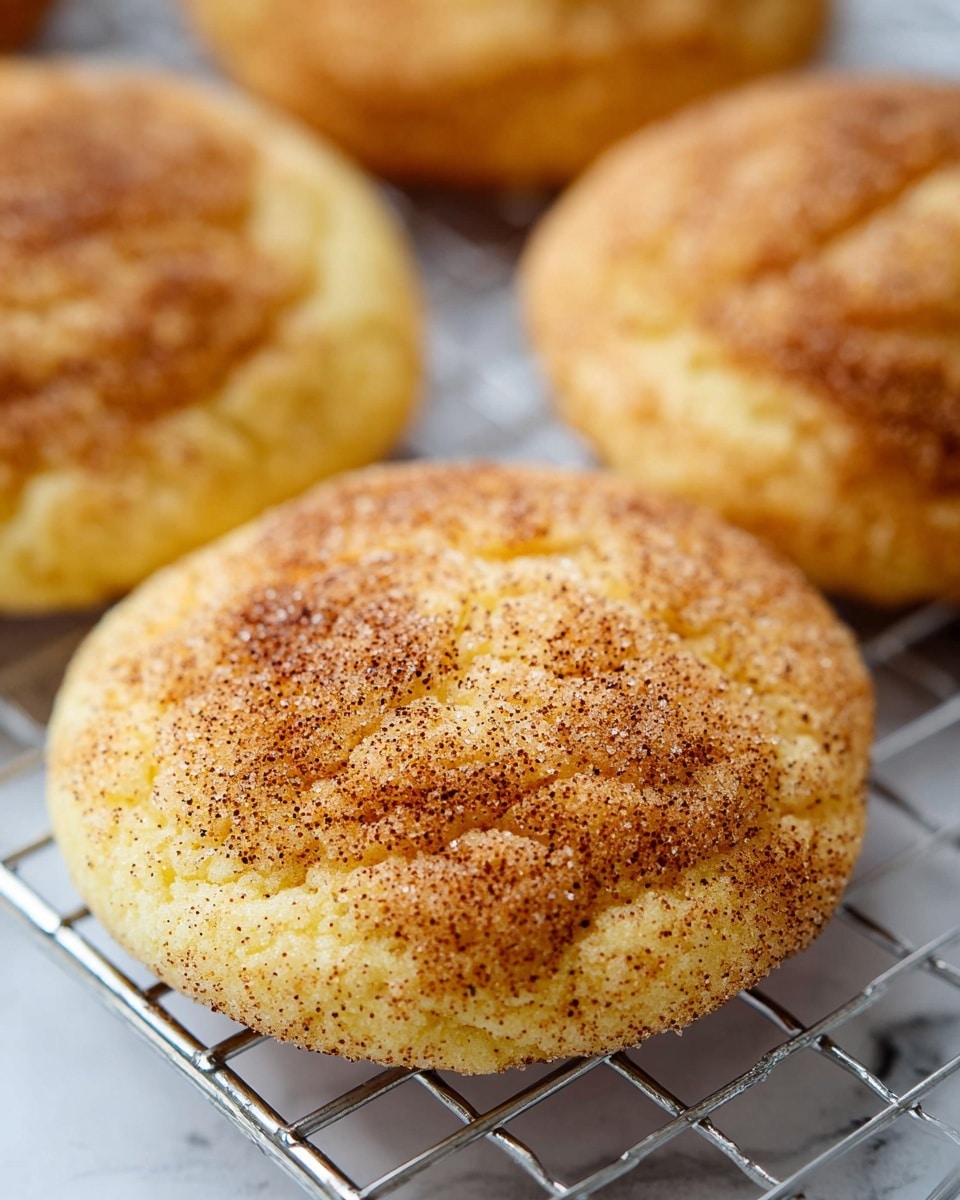 The image shows soft, round cookies resting on a metal cooling rack over a white marbled surface. Each cookie has a golden-brown top layer with a coarse sugar and cinnamon sprinkle that creates a textured, slightly crusty look. The cookies have a light yellow base layer that appears fluffy and soft, with slight cracks visible on the surface. The close-up view highlights the fine sugar crystals and cinnamon specks on the top, giving the cookies a homemade and warm appearance. Photo taken with an iphone --ar 4:5 --v 7