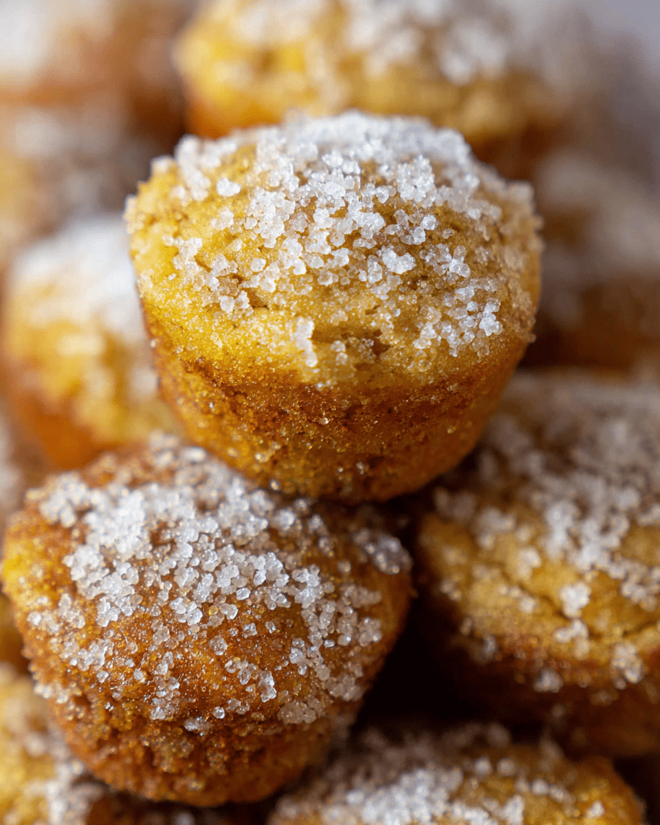 A close-up view shows a group of small, round muffins that are golden brown in color and coated with a layer of white sugar crystals on top. The muffins have a slightly rough texture with the sugar giving a sparkly, grainy look. They are stacked close together, highlighting the sugary topping and the soft, crumbly surface of each muffin. The background is blurred but shows more muffins, keeping the focus on the front muffin with its sugary coating. photo taken with an iphone --ar 4:5 --v 7