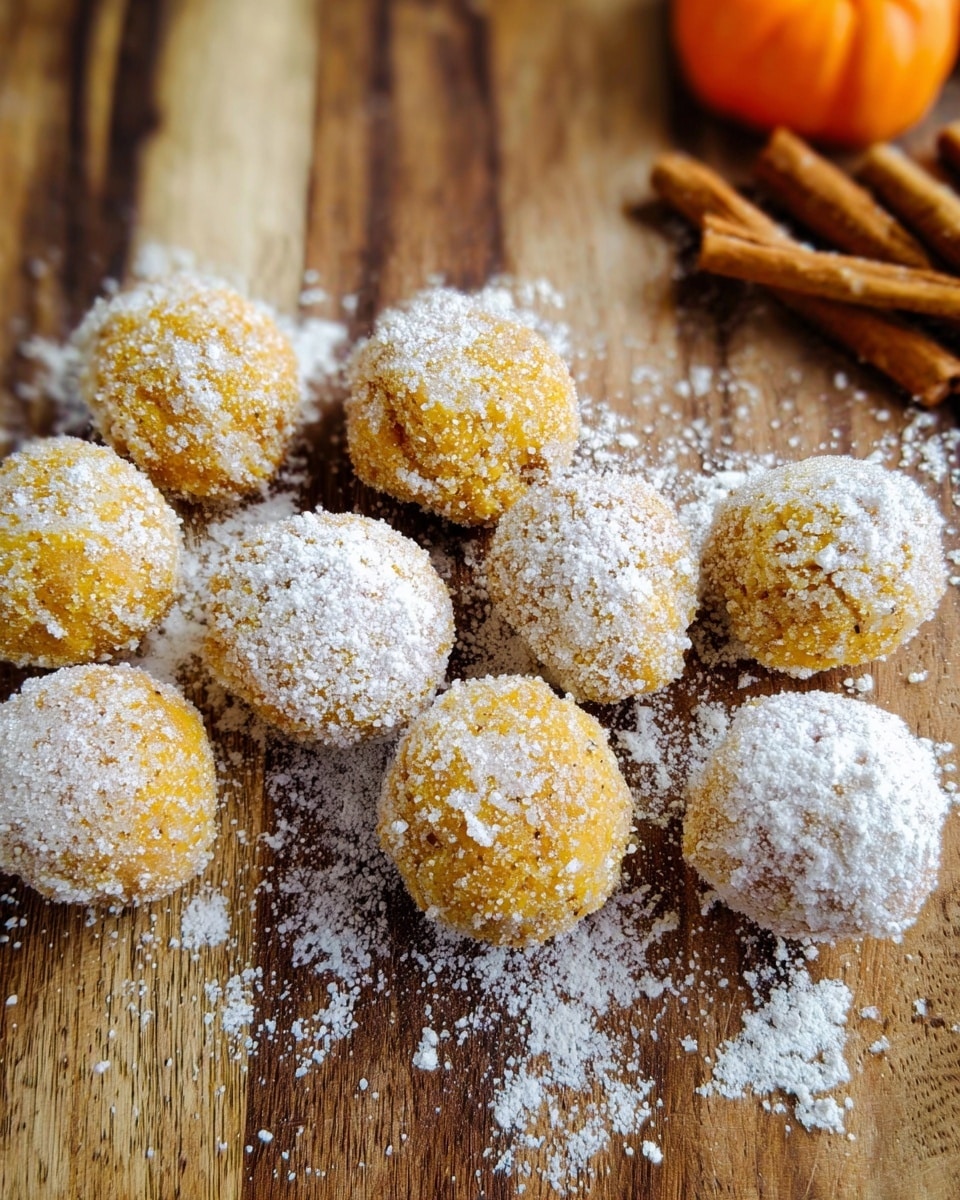 Several round yellowish-orange balls covered with a layer of white powder are spread across a wooden surface with visible wood grain texture; some of the powder is scattered around them. At the top right corner, there are a few cinnamon sticks positioned diagonally, and near them, a small orange pumpkin-shaped object can be seen. The balls appear soft with a crumbly texture, and the powder coating gives a frosted look. The photo is bright and sharp, focusing on the texture of the balls and the seasoning on top. Photo taken with an iphone --ar 4:5 --v 7
