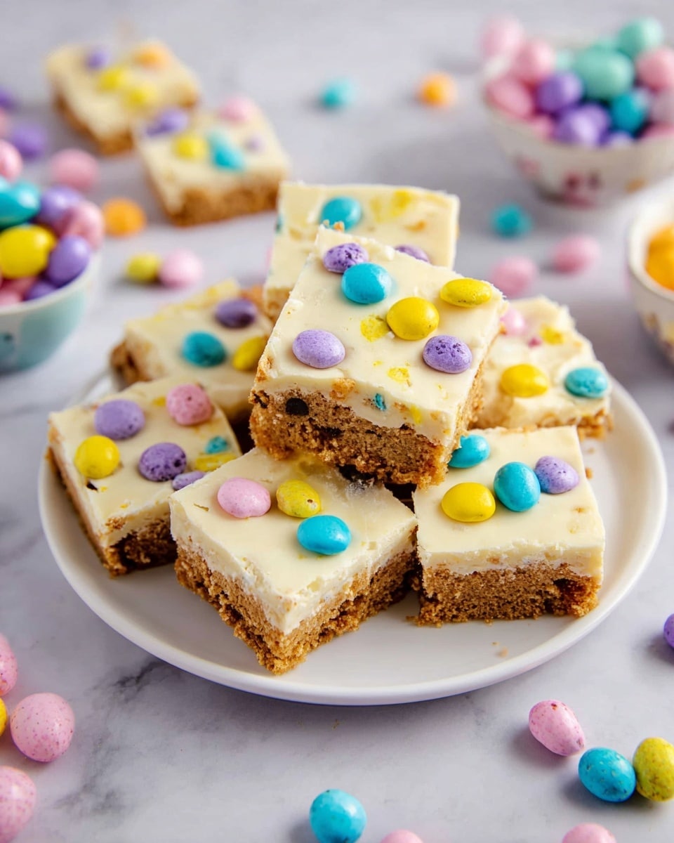 The image shows a white plate filled with square dessert bars stacked casually. Each bar has two layers: a bottom layer of crumbly golden-brown crust and a thick, smooth, creamy white topping. On the top layer, there are small, round candy pieces in bright pastel colors including yellow, blue, purple, and pink, some partially embedded in the creamy layer. The plate sits on a white marbled surface scattered lightly with the same colorful candies. In the background, bowls containing similar pastel candies add to the playful, colorful feel. photo taken with an iphone --ar 4:5 --v 7