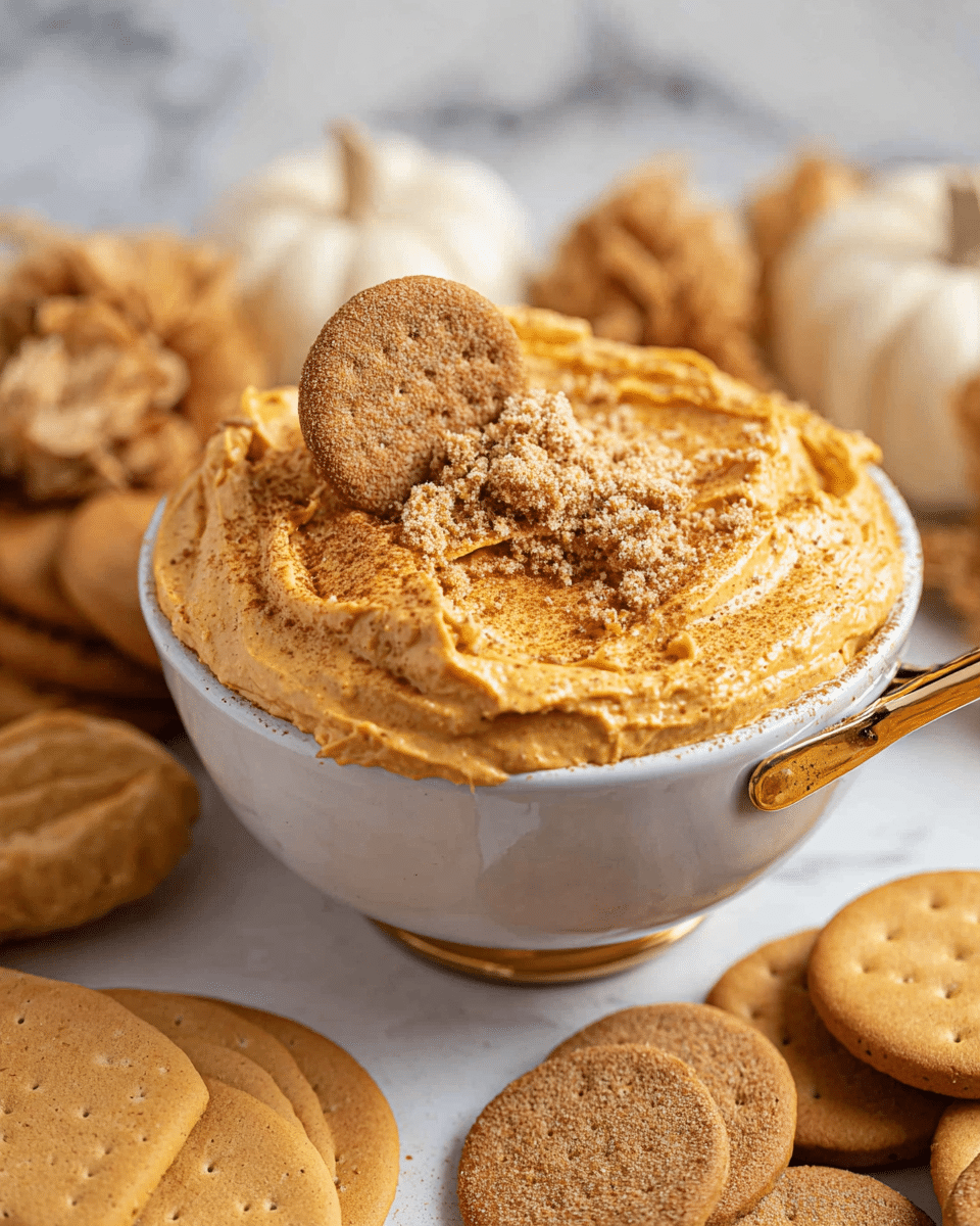 A white bowl with a golden handle holds a creamy orange pumpkin dip topped with crushed graham crackers and cinnamon powder, giving it a textured surface with a mix of smooth and crumbly layers; a square graham cracker and a round vanilla wafer stand upright partially dipped into the spread. Surrounding the bowl are more round vanilla wafers and graham crackers placed casually on a white marbled surface, creating a warm, cozy fall-themed setting. photo taken with an iphone --ar 4:5 --v 7
