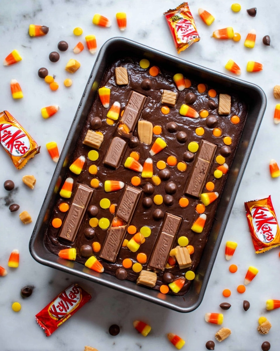 A dark chocolate batter fills a rectangular baking pan, topped with an even layer of various candies. There are six KitKat bars placed vertically and horizontally across the surface, along with small round chocolate balls and chocolate peanut butter cups scattered evenly. Bright orange, yellow, and white candy corn pieces are spaced between the chocolates, alongside small round orange and yellow candy pieces creating a colorful contrast against the glossy dark brown chocolate batter. The pan sits on a white marbled surface scattered with additional candy pieces and KitKat wrappers around it. photo taken with an iphone --ar 4:5 --v 7