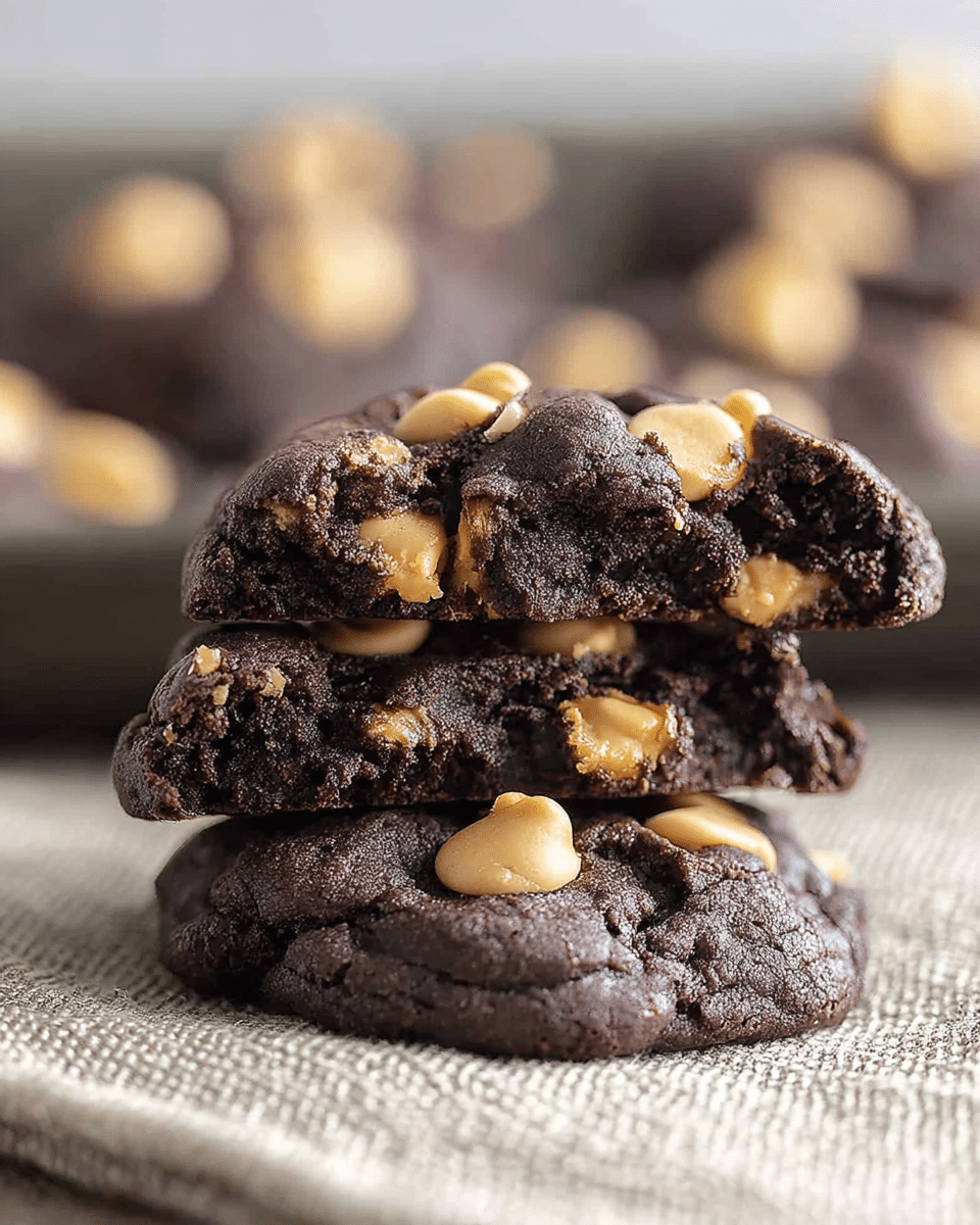 A close-up of two stacked dark brown chocolate cookies with peanut butter chips embedded throughout. The top cookie is broken in half, showing a soft, chewy, and slightly gooey texture inside. The peanut butter chips are light tan and scattered unevenly within the cookies, creating a contrast against the dark chocolate dough. The cookies are resting on a textured, neutral-colored fabric surface. In the blurred background, more cookies are visible, adding depth to the image. photo taken with an iphone --ar 4:5 --v 7