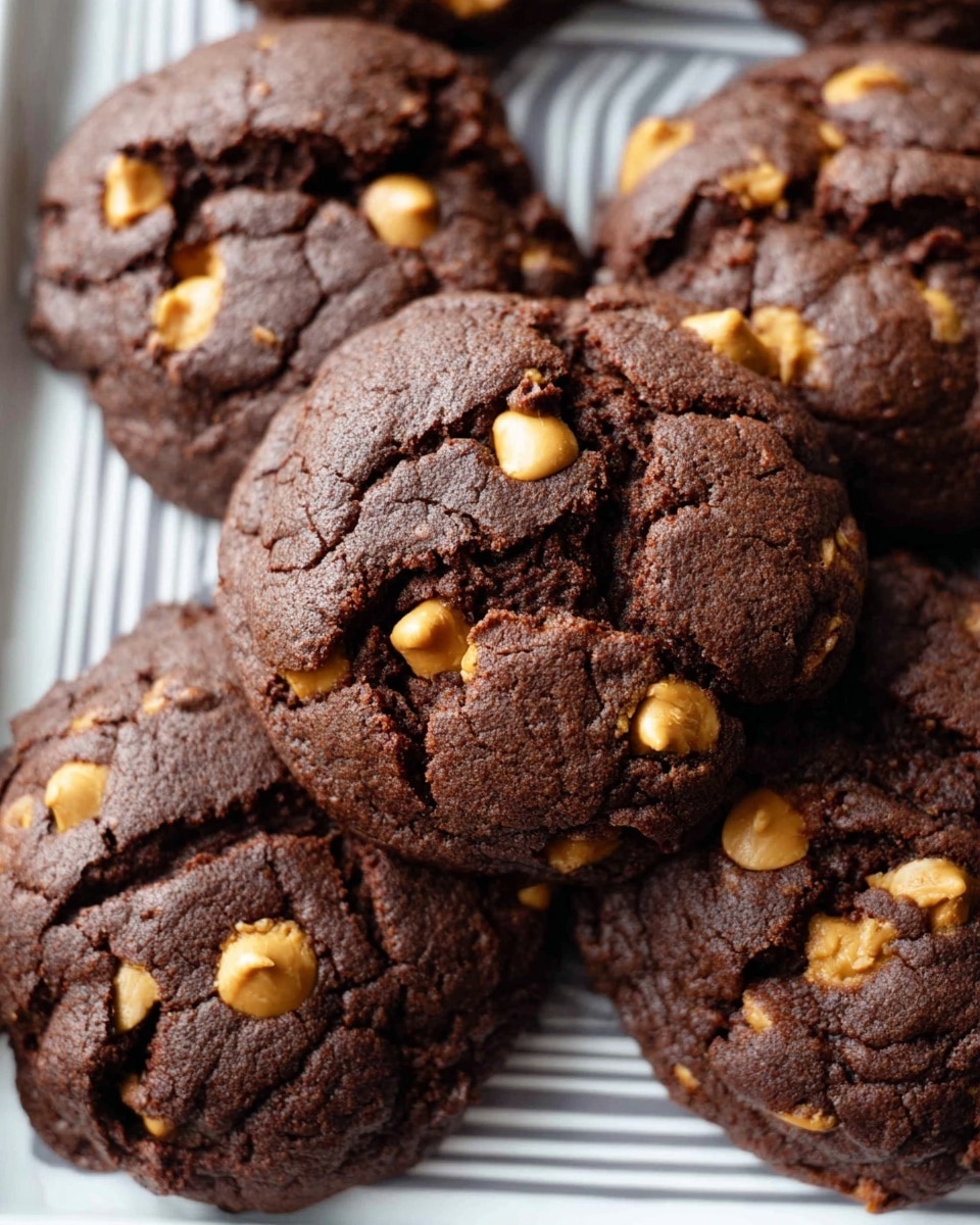 Close-up of several thick, round chocolate cookies placed closely together on a white tray with gray stripes, each cookie having a rough, cracked texture. The cookies are dark brown with visible butterscotch and chocolate chips scattered on top and slightly melted into the surface, giving a soft and gooey look. The cookies have a rich, dense appearance with small ridges and cracks, showing their chewy texture. The background is a white marbled texture. photo taken with an iphone --ar 4:5 --v 7