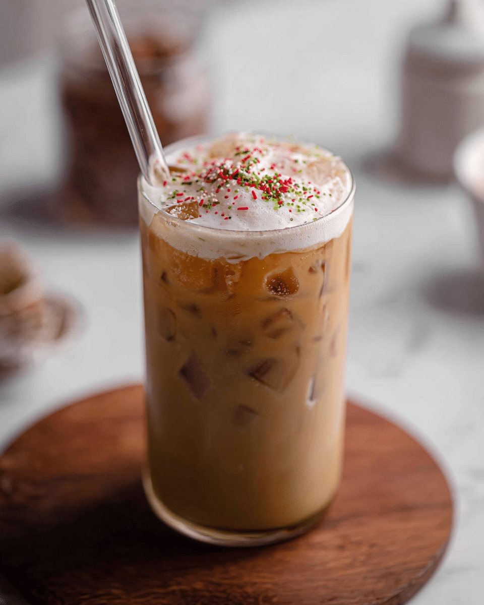 A tall clear glass filled with light brown iced coffee showing visible ice cubes inside, topped with white frothy foam and sprinkled with tiny red and green round sprinkles. A clear glass straw is inserted on the left side of the glass. The glass sits on a round wooden board, placed on a white marbled surface with blurred objects like a jar and a white bowl in the background. photo taken with an iphone --ar 4:5 --v 7