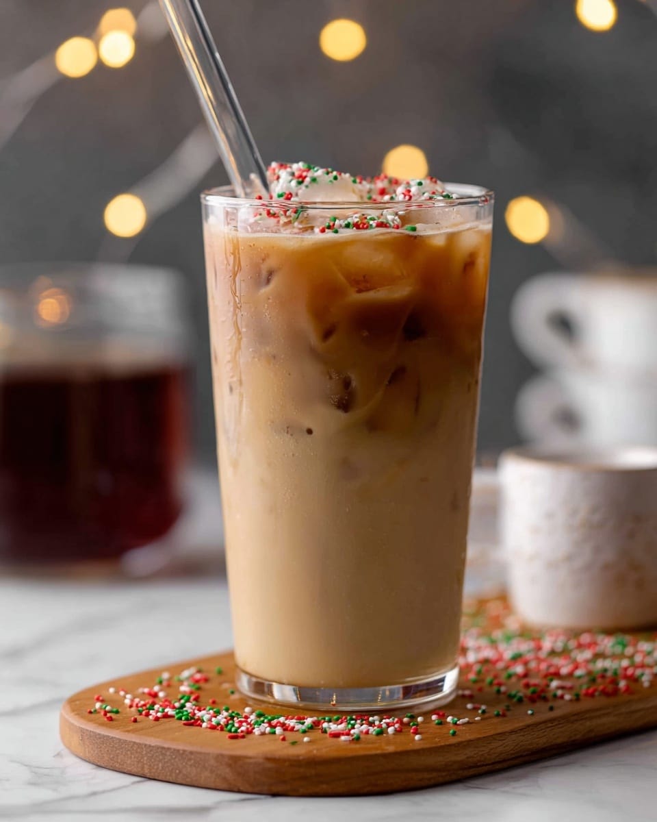 A tall clear glass filled with a creamy iced coffee drink showing distinct layers: a lighter creamy beige bottom layer, a middle layer of a darker rich coffee brown, topped with ice cubes and small colorful sprinkles in red and green on top. A clear straw is inserted on the left side. The glass sits on a wooden board scattered with more colorful sprinkles, with a blurred background featuring soft warm lights and some cups on a white marbled surface. photo taken with an iphone --ar 4:5 --v 7