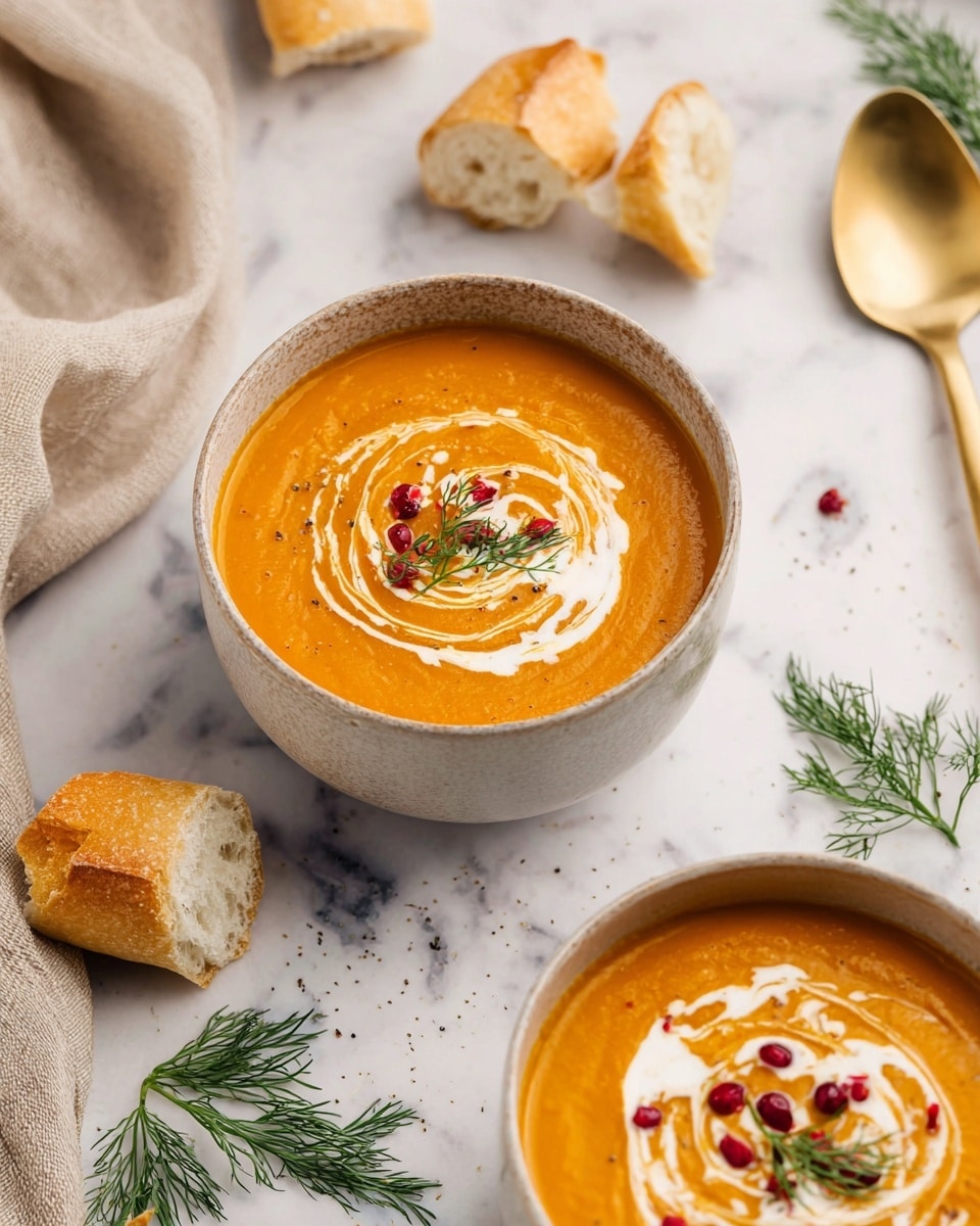 Two bowls of thick orange soup sit on a white marbled surface, each bowl filled to the brim with a smooth texture. Swirls of white cream decorate the top in a circular pattern, with small red berries scattered along the cream. A small green sprig of dill sits on the surface of each soup for garnish. Pieces of broken baguette bread with a light golden crust and soft inside are scattered nearby, along with some loose dill sprigs on the marbled surface. A beige cloth and a golden spoon add to the cozy setting. Photo taken with an iphone --ar 4:5 --v 7