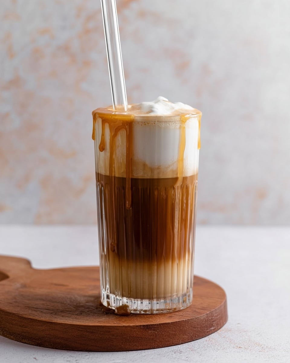 A tall clear glass with vertical ridges holds a three-layered coffee drink placed on a round wooden board. The bottom layer is dark brown coffee, the middle layer is a lighter creamy brown, and the top layer is thick white foam. Golden caramel syrup drips down the rim of the glass, adding a glossy texture. A clear glass straw is inserted into the drink, standing tall and almost reaching the rim. The background and surface have a soft white marbled texture, creating a clean and simple look. Photo taken with an iphone --ar 4:5 --v 7