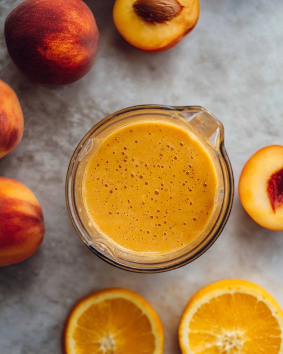 A top view of a clear blender cup filled with a smooth orange peach smoothie, showing tiny bits and bubbles on the surface. Around the blender cup, there are whole ripe peaches with reddish-yellow skin and one peach cut in half revealing its brown pit. Below the peaches, two bright orange slices with visible juice segments sit on a white marbled surface. The scene has soft natural light and a casual layout. Photo taken with an iphone --ar 4:5 --v 7
