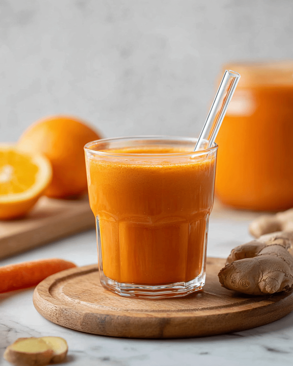 A short clear glass filled with a thick, bright orange juice sitting on a wooden round board on a white marbled surface, with a transparent straw inside the glass. In the blurred background, there is a jar with the same orange juice and two pieces of light brown ginger next to it, along with a half-cut orange and a part of an orange carrot on the white marbled surface. Photo taken with an iphone --ar 4:5 --v 7