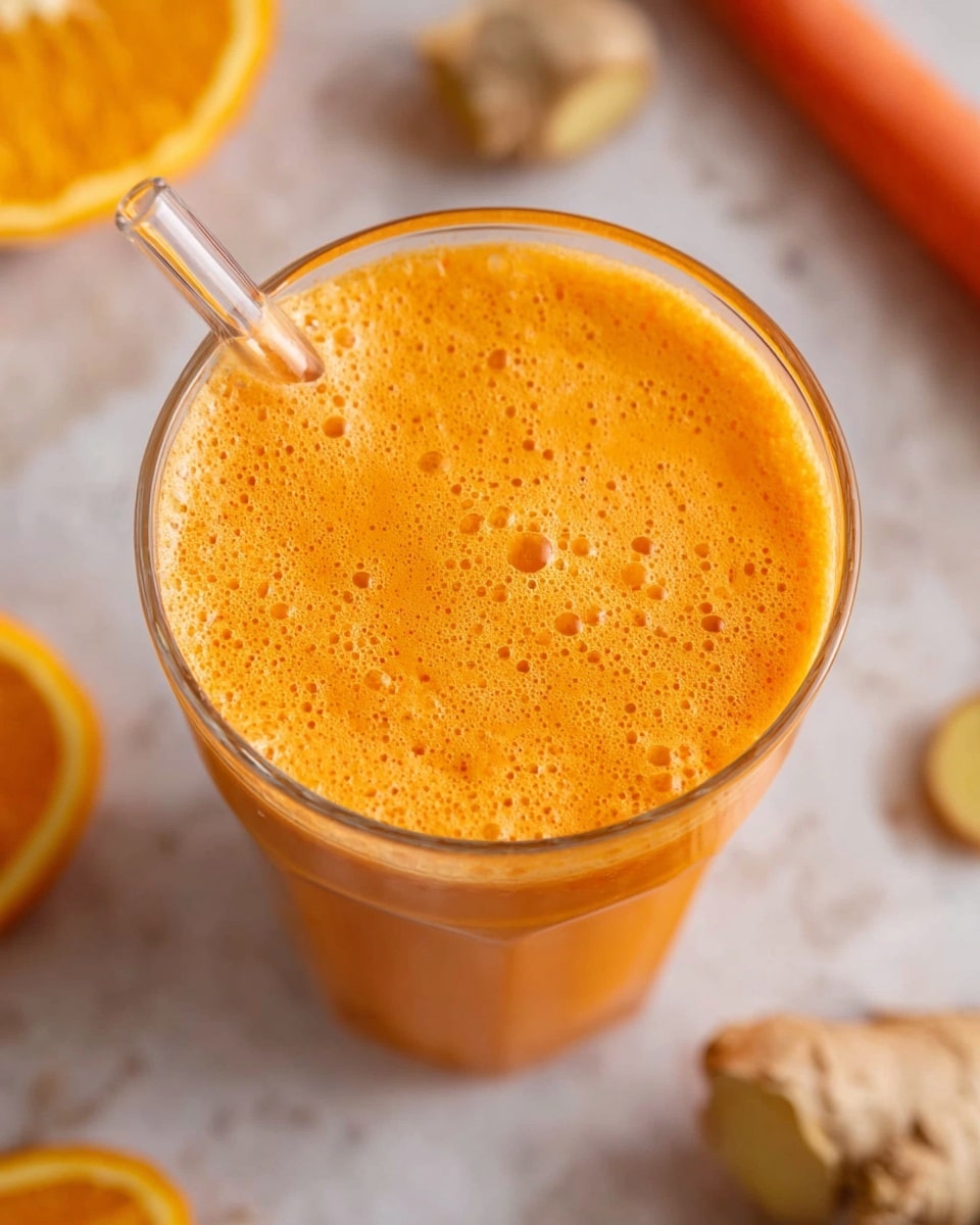 A clear round glass filled with a thick, bright orange juice with small bubbles on the surface, positioned at the center of a white marbled texture. A clear straw is inserted into the juice near the top left edge of the glass. Around the glass are blurred pieces of ingredients, including orange slices, a small piece of ginger with rough skin, and a whole carrot, all placed on the white marbled surface. The shot is a top-down view, focusing on the vibrant juice and the surrounding natural elements. photo taken with an iphone --ar 4:5 --v 7