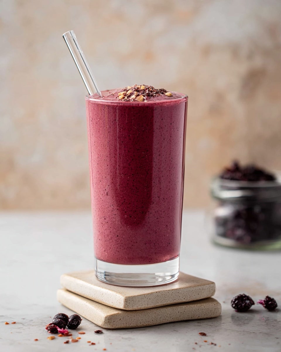 A tall clear glass filled with a thick, smooth dark pink smoothie that has tiny visible specks throughout, topped with small granulated dark and light pieces scattered evenly on the surface. A transparent straw leans inside the glass from the left, which sits on two stacked square beige coasters with a slight stone texture. Around the base of the glass are a few scattered small dark dried berries and crumbs, and in the blurred background to the right is a small glass jar containing dark berries, all placed on a white marbled textured surface. Photo taken with an iphone --ar 4:5 --v 7