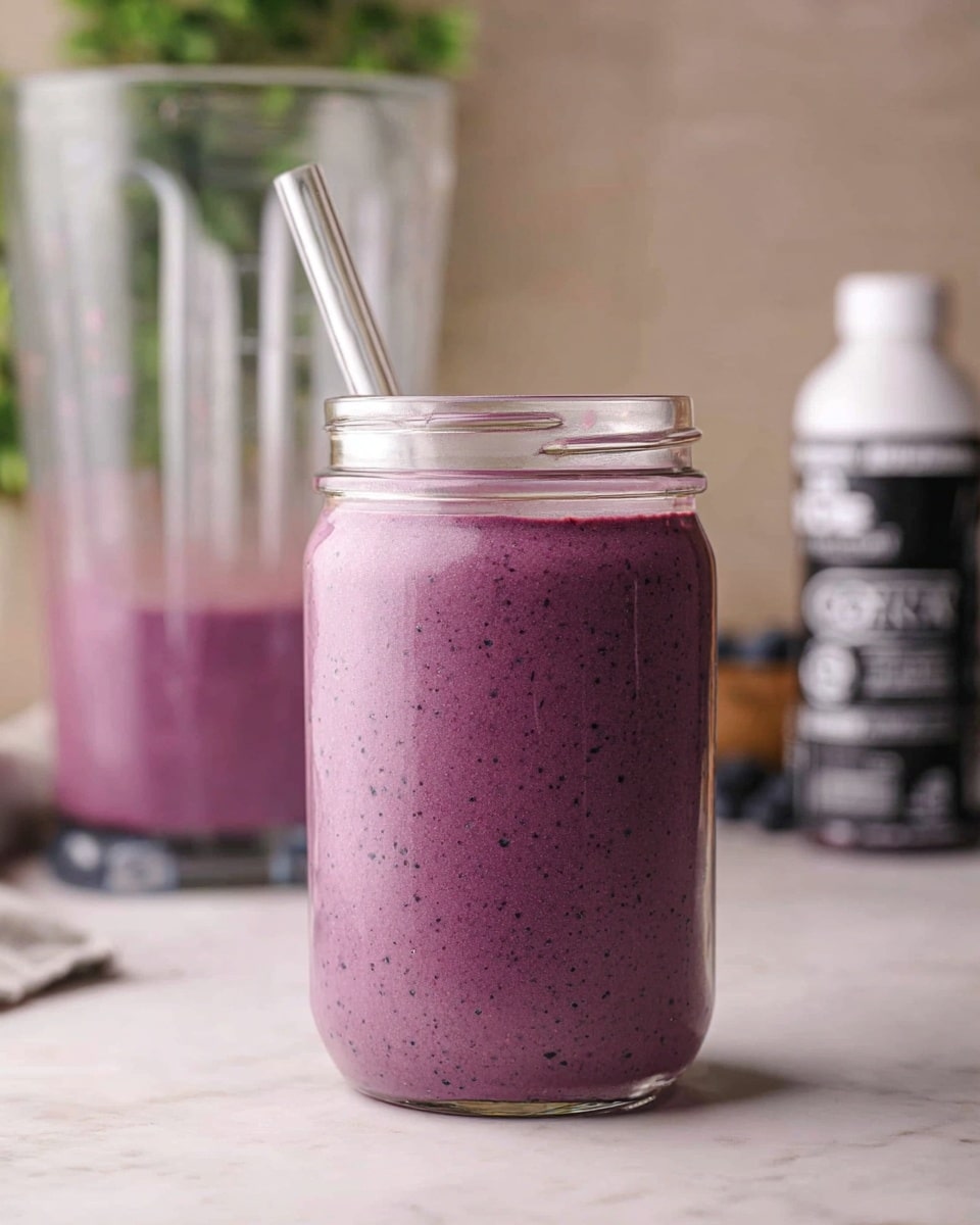 A tall, clear glass jar filled to the top with a thick, creamy purple smoothie that has small specks throughout, suggesting blended fruit or seeds. A clear straw is placed inside the jar, leaning slightly to the left. Behind the jar, there is a blender container partially filled with more of the same purple smoothie, and a blurred bottle with a black label and white cap is positioned on the right side. The overall setting rests on a white marbled surface, with a soft, neutral background and some green foliage blurred in the distance. photo taken with an iphone --ar 4:5 --v 7