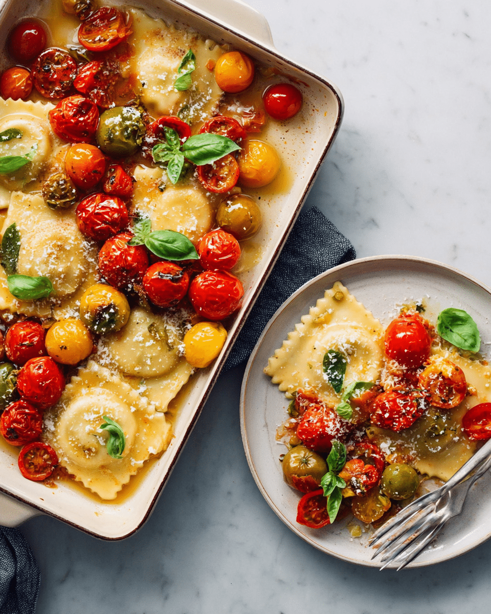 The image shows a white rectangular baking dish filled with ravioli and a mix of red, yellow, and green roasted cherry tomatoes, garnished with fresh green basil leaves; next to it, a white round plate holds three ravioli pieces topped with more roasted tomatoes, fresh basil leaves, and grated cheese, with a fork resting on the plate. The ravioli are golden and slightly glossy from sauce, the tomatoes are blistered and shiny, and the basil leaves are fresh and bright green. The whole setup is on a white marbled surface. Photo taken with an iphone --ar 4:5 --v 7