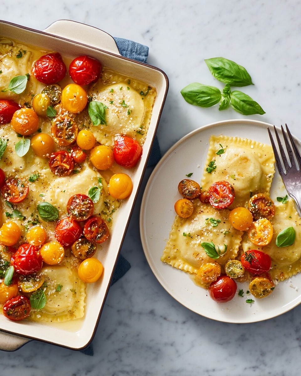 The image shows a white baking dish filled with golden-brown ravioli topped with colorful roasted cherry tomatoes in red, yellow, and orange shades, scattered with fresh green basil leaves. Next to the dish, there is a white plate with three ravioli pieces arranged in a triangle, each ravioli glowing with a light coating of sauce. On top of the ravioli are a few cherry tomatoes and basil leaves. The edges of the ravioli have a crinkled texture, and a silver fork rests on the right side of the plate. The whole scene is set on a white marbled textured surface, giving a clean and bright feel. photo taken with an iphone --ar 4:5 --v 7