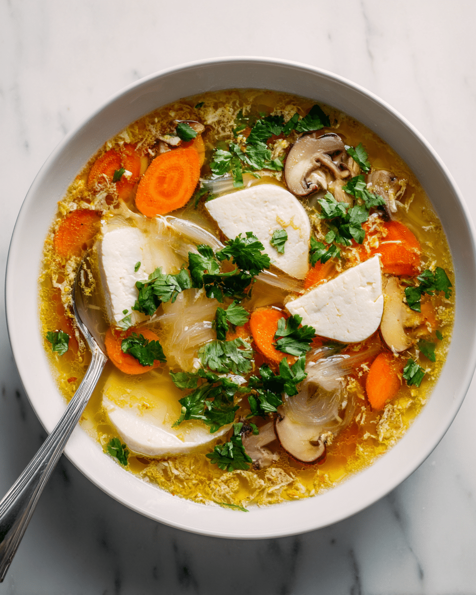 The image shows a bowl of clear broth soup with visible layers. The bottom layer is a light yellow broth with a slight oily texture. On top of it are thin slices of orange carrots and large, semi-transparent white radish pieces. There are brown and white sliced mushrooms scattered around. In the center of the bowl, there are several large white chunks of soft tofu. Fresh green cilantro leaves are sprinkled generously across the soup. A silver spoon is placed inside the bowl, resting on the left side. All this is in a white bowl set on a white marbled surface. Photo taken with an iphone --ar 4:5 --v 7