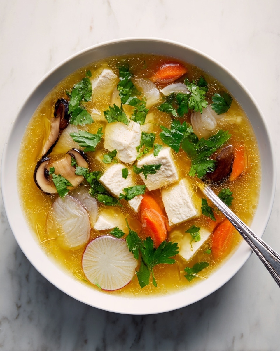 A white bowl filled with a clear yellow broth contains several ingredients layered in a loose arrangement; at the bottom, there are light translucent vegetable slices, including white radish and orange carrot pieces, along with brown shiitake mushrooms. The middle layer has creamy white soft tofu chunks, and scattered fresh green cilantro leaves float on top, adding bright spots of color. A silver spoon rests inside the bowl, partially submerged in the broth, and the bowl is set on a white marbled surface. photo taken with an iphone --ar 4:5 --v 7