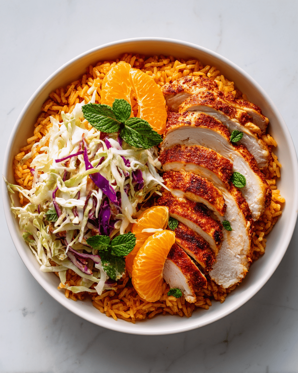 A white bowl filled with a base layer of orange-colored rice with a slightly fluffy texture. On the right side, there are five thick slices of cooked chicken breast with a reddish seasoning crust, showing the white inside meat and garnished with small green mint leaves. On the left, a colorful mix of shredded white and purple cabbage, thin carrot strips, and green herbs sits atop the rice. Two bright orange mandarin slices rest partially under the cabbage mix, adding a juicy texture. The bowl is set on a white marbled surface. photo taken with an iphone --ar 4:5 --v 7