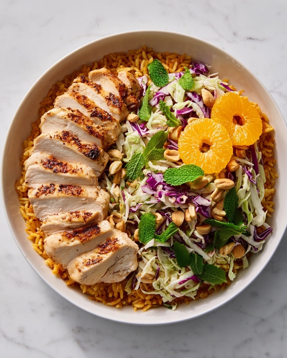 A white bowl filled with three main layers: the bottom layer is orange-colored rice spread evenly; the middle layer is sliced chicken breast with a light brown seasoning, arranged in a fan shape on one side of the bowl; the top layer features a colorful mix of shredded green and purple cabbage with fresh green mint leaves and cilantro, plus slices of bright orange mandarin laid partially on the salad and rice. The textures show fluffy rice grains, tender chicken, and crisp cabbage with nut pieces scattered on top. The bowl is placed on a white marbled surface photo taken with an iphone --ar 4:5 --v 7