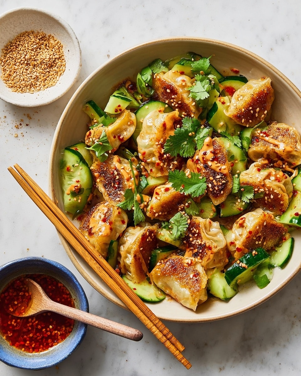 A beige bowl filled with golden-brown pan-fried dumplings arranged with bright green cucumber chunks and fresh cilantro leaves. The dumplings are topped with a reddish chili oil and beige peanut sauce drizzled over them, along with scattered sesame seeds. Wooden chopsticks rest on the edge of the bowl. Next to the bowl on a white marbled surface, there is a small white dish with toasted sesame seeds and a wooden spoon, and a small blue bowl with more chili oil sauce inside. photo taken with an iphone --ar 4:5 --v 7