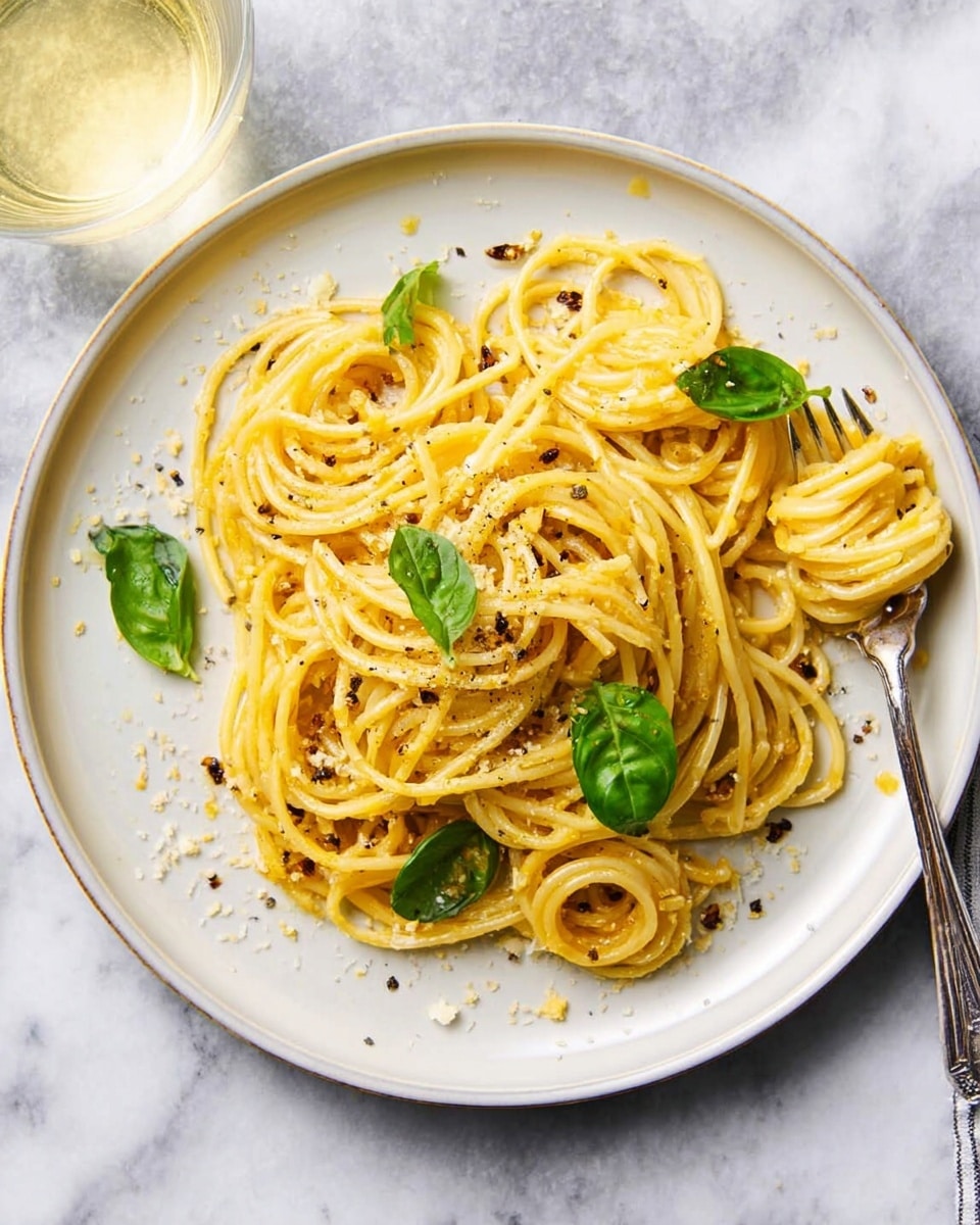 A white plate holds a single serving of spaghetti, arranged in a loose, twisted pile with a smooth, slightly shiny yellow texture from the sauce coating the noodles. Scattered on top are bright green fresh basil leaves adding vibrant contrast. Small bits of grated cheese and a few cracked black pepper pieces dot the spaghetti, adding texture and color variety. A fork twirls some noodles on the right side of the plate. The setting is on a white marbled texture, and a glass of light yellow liquid is partly visible in the top left corner. photo taken with an iphone --ar 4:5 --v 7