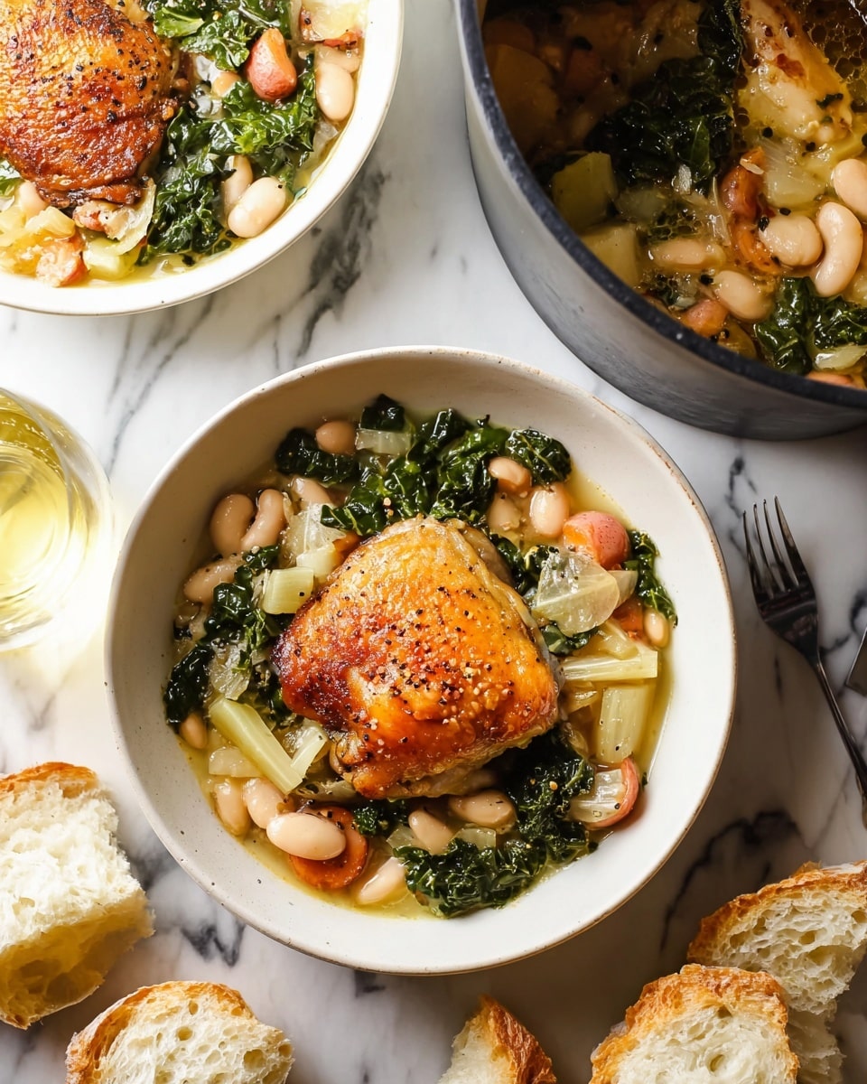 The dish shows a white bowl filled with one layer of creamy stew containing green kale leaves, white beans, red-skinned potato chunks, and light green celery pieces, topped with a single golden-brown, crispy chicken thigh that has a slightly shiny texture and visible black pepper specks. Around the bowl, there are torn pieces of soft, fluffy bread with a light golden crust. A clear glass of pale yellow drink is placed near the bowl, and a black pot filled with the same stew and chicken mix is visible at the top right on a white marbled surface. Photo taken with an iphone --ar 4:5 --v 7