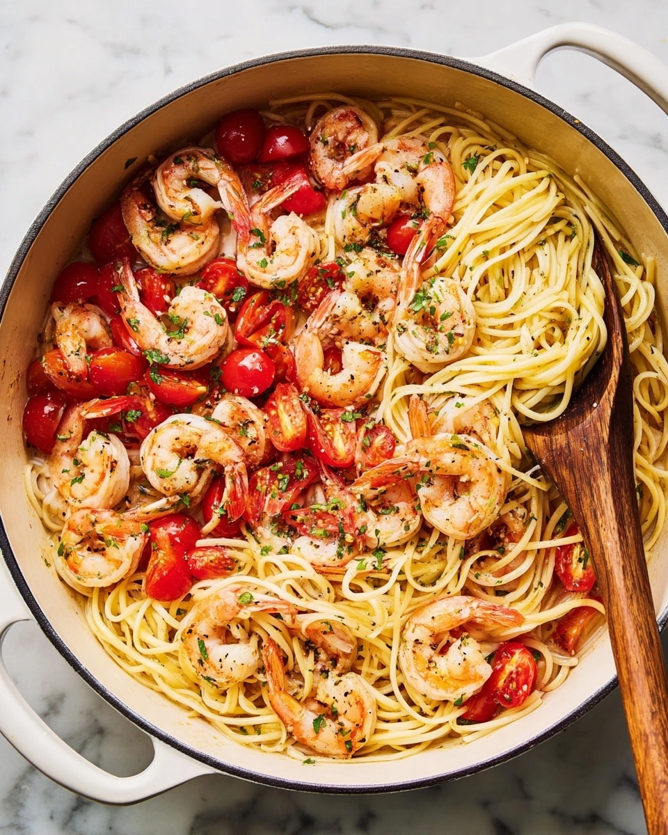 A large white pot filled with a shrimp pasta dish sits on a white marbled surface. The dish has three main layers: the bottom layer is light yellow spaghetti noodles, mixed well but not too tight; the middle layer contains bright red cherry tomatoes, some whole and some crushed, scattered evenly; the top layer features pink, cooked shrimp with curled tails, sprinkled with small green herb pieces and tiny bits of black pepper. A wooden spoon rests on the right side inside the pot, partially covered by noodles and shrimp. Photo taken with an iphone --ar 4:5 --v 7