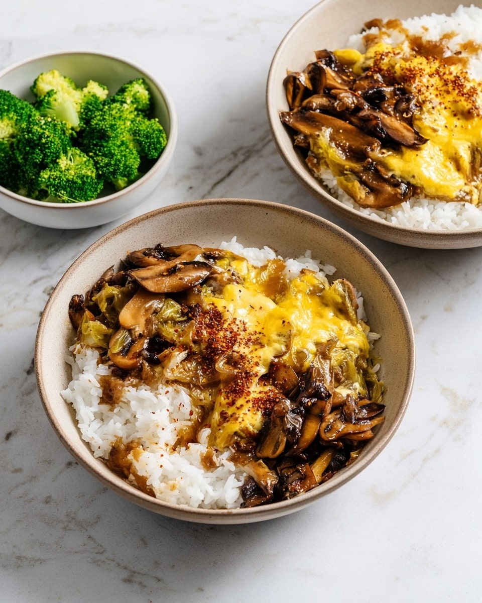 Two white bowls sit on a white marbled surface, each filled with a base layer of steamed white rice that is fluffy and slightly sticky. On top of the rice in both bowls, there is a thick layer of cooked mushrooms in a dark brown sauce, mixed with melted yellow cheese that creates a slightly glossy, stretchy texture. A dusting of red spice powder adds a hint of color on the cheese and rice. To the top left, a black bowl contains bright green broccoli florets, adding a fresh contrast to the dish. The soft natural lighting highlights the textures of the savory mushrooms and rice. photo taken with an iphone --ar 4:5 --v 7