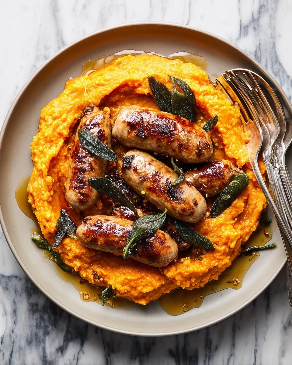 The image shows a white round plate with a thick, textured layer of bright orange mashed mixture spread evenly as the bottom layer, forming a rough circle. On top, five golden brown, grilled sausages are placed close together in the center, showing a crispy skin with slight charring. Scattered on and around the sausages are dark green, dry sage leaves adding contrast and texture. A glossy drizzle of melted butter pools a little on the orange base around the sausages, adding shine. To the right side on the plate is a silver fork and spoon resting together. The plate sits on a white marbled surface. Photo taken with an iphone --ar 4:5 --v 7